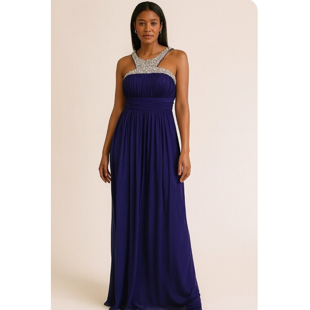 Jodi Kristopher gown dress grape purple halter embellished neckline jeweled SZ 7